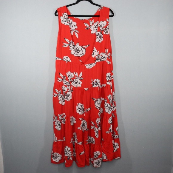 Free People Midi Dress Size M Rita Tiered Flowy Red Floral Print Scoop Open Back - Picture 4 of 8